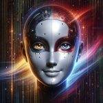 Futuristic depiction of Estar.Africa AI assistant with a robotic face and multicolored eyes, framed by digital matrix and glowing patterns.