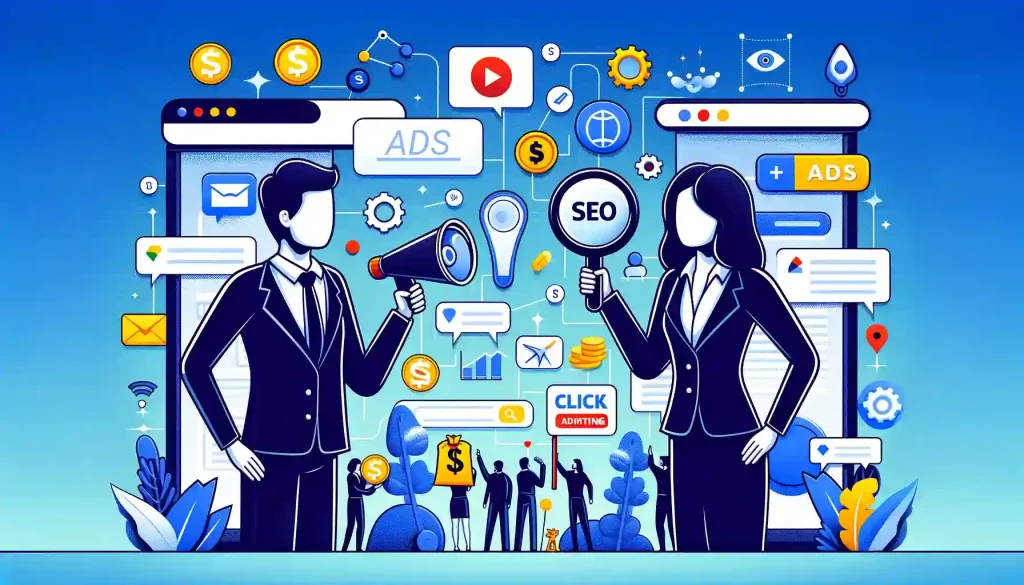 Illustration comparing SEO and Google Ads with business professionals and icons representing digital marketing strategies.