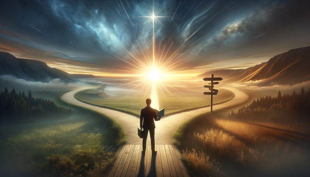 A man stands at a fork in the road, holding a book and briefcase, with a bright light ahead, symbolizing self-discovery and coaching.