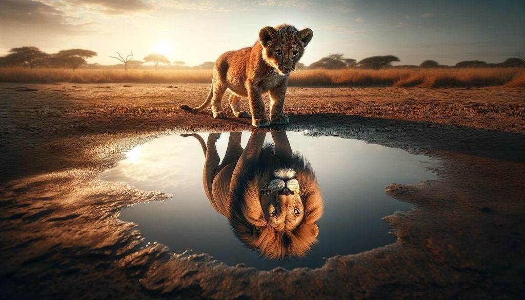A lion cub gazes at its reflection, which shows a grown lion, symbolizing the power of self-reflection for personal growth and transformation.