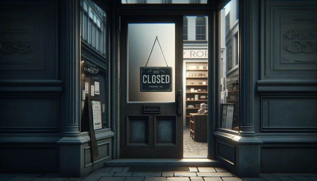 The image depicts the front entrance of a business establishment. The design is classical, with ornate detailing on the pillars and the frame of the entrance. The door itself is made of wood with glass panels, and there is a frosted glass window that has the word "CLOSED" displayed on a hanging sign, suggesting the business is not open. There is also a sandwich board sign placed on the ground beside the door with additional text, but the details are not readable. The lighting indicates either early morning or late afternoon, casting long shadows and giving the scene a quiet, almost serene look. The interior is visible through the door and appears to be a retail space with shelving and products. There is no visible activity inside or outside, contributing to a still atmosphere. The surrounding environment reflects a cityscape, with buildings in the background and a paved street in the forefront.
