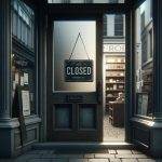 The image depicts the front entrance of a business establishment. The design is classical, with ornate detailing on the pillars and the frame of the entrance. The door itself is made of wood with glass panels, and there is a frosted glass window that has the word "CLOSED" displayed on a hanging sign, suggesting the business is not open. There is also a sandwich board sign placed on the ground beside the door with additional text, but the details are not readable. The lighting indicates either early morning or late afternoon, casting long shadows and giving the scene a quiet, almost serene look. The interior is visible through the door and appears to be a retail space with shelving and products. There is no visible activity inside or outside, contributing to a still atmosphere. The surrounding environment reflects a cityscape, with buildings in the background and a paved street in the forefront.