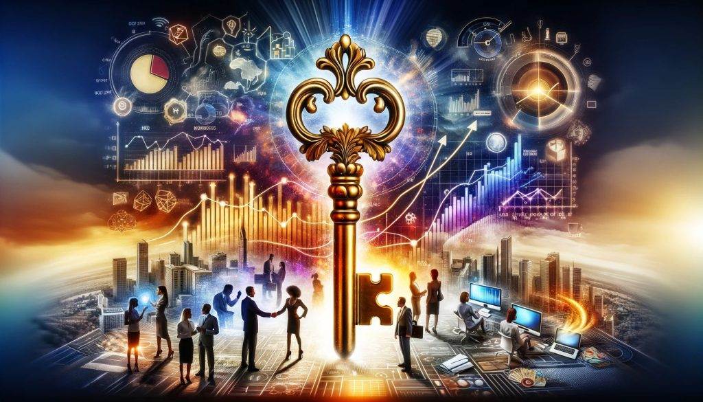 An ornate key with business charts and graphs in the background, representing exceptional customer service as the key to winning new business.