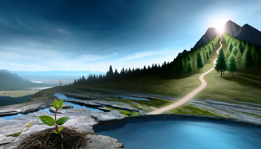 An evocative landscape depicting the journey of business and personal growth, featuring a path from a budding plant through a lush forest to a mountain peak. The clear, flowing river within the forest represents mindfulness, symbolizing calm and steady awareness amidst business challenges. The path through the forest signifies self-reflection, mirroring the exploration of one's inner thoughts and motivations for growth. The mountain peak bathed in sunlight embodies self-awareness, illustrating the achievement of a deep understanding of one's strengths and limitations, culminating in authentic leadership and success.