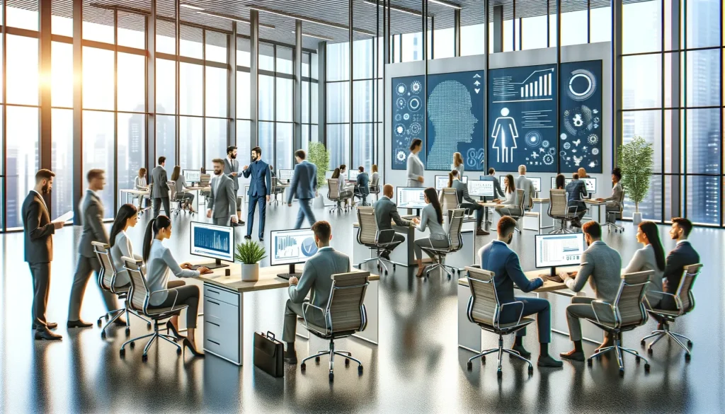 Modern office with large windows, multiple employees in business attire working at desks with computers, and data charts on screens.