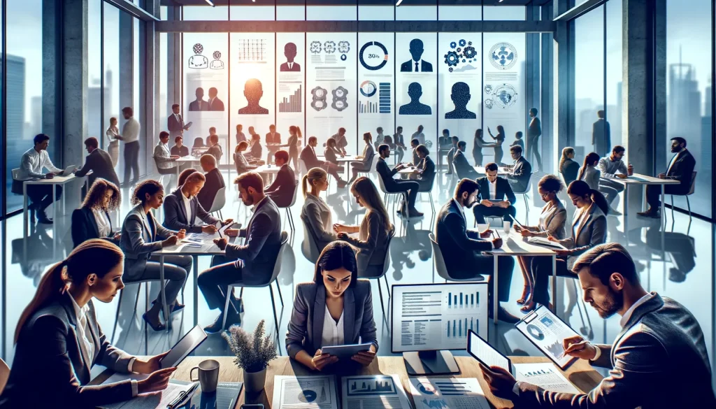 A busy office with people in business attire working on laptops and tablets, collaborating at desks, and analyzing data on screens.