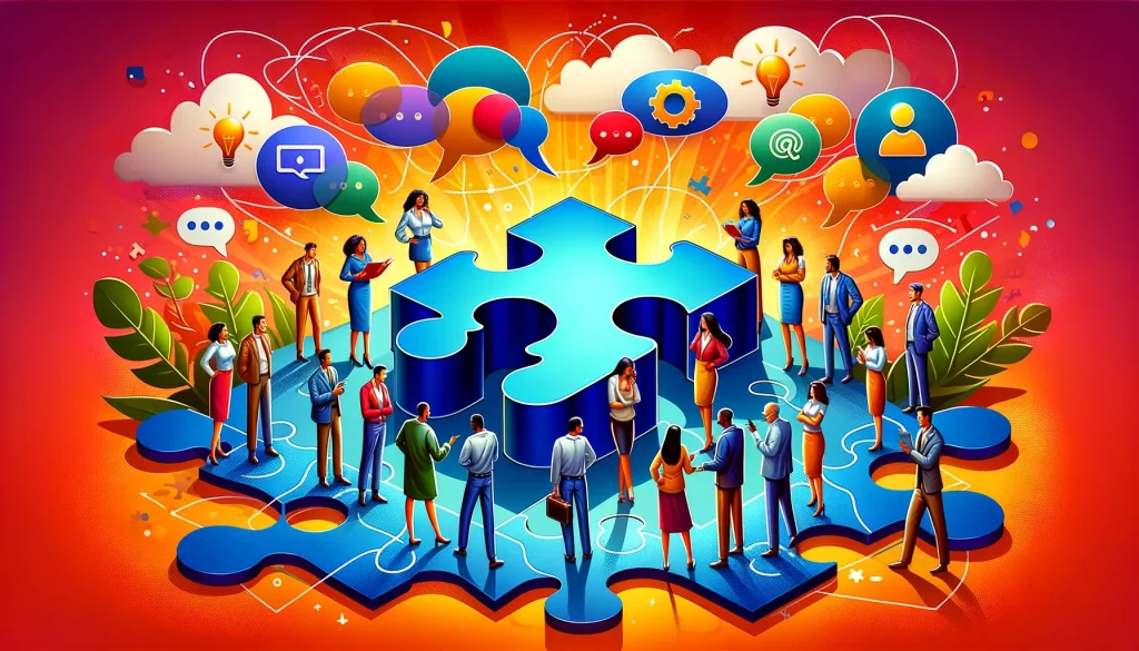 Illustration of diverse professionals interacting around large blue puzzle pieces, with colorful speech bubbles, gears, and light bulbs overhead.