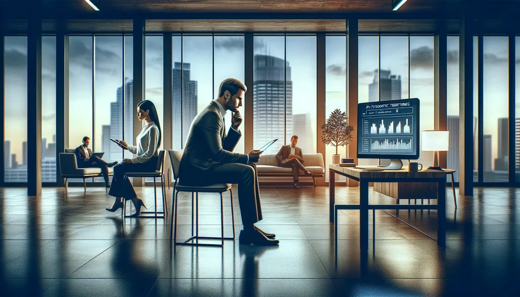 Business professionals working in modern office with city skyline view, using tablets and laptop, computer screen displays charts.