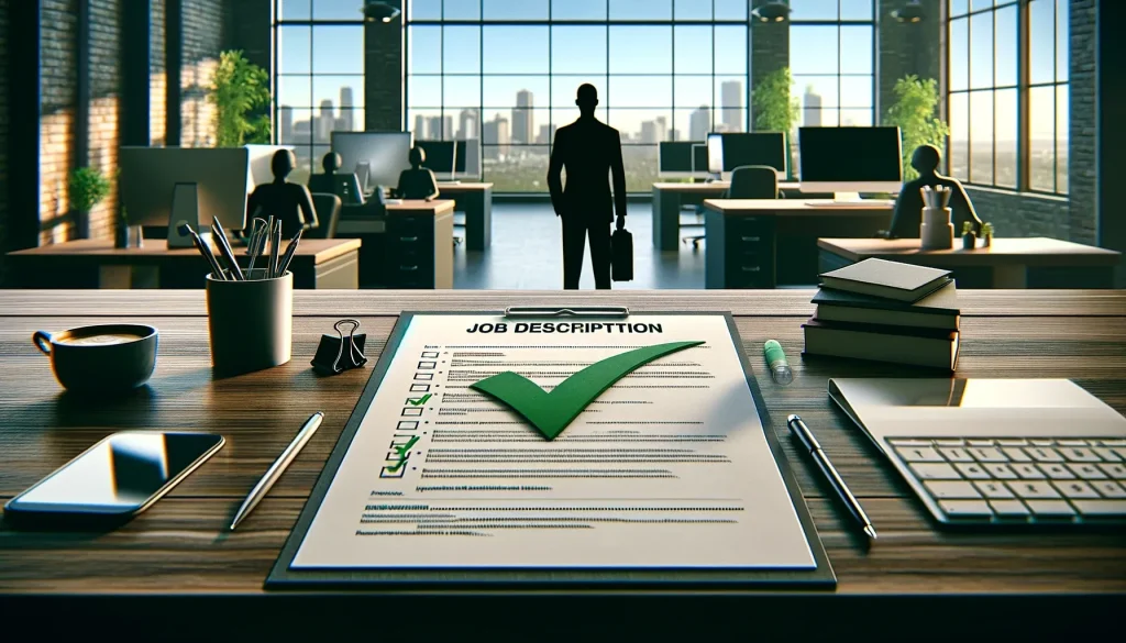 Office desk with a job description clipboard, large green checkmark, coffee cup, pen, smartphone, and a blurred office background.