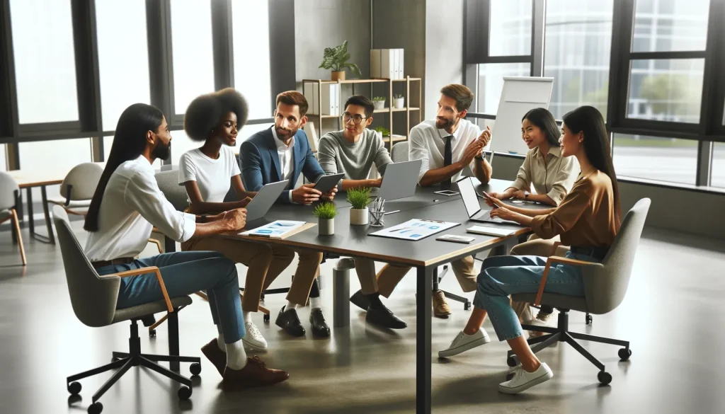 A diverse group of professional people collaborating around a modern conference table in a bright, contemporary office setting. The scene shows a team