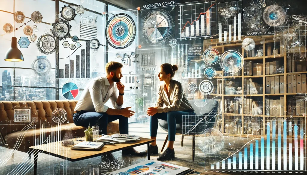 A wide format image depicting a business coach and client in a modern office setting. They are engaged in a collaborative discussion, with charts, graphs, and strategic planning materials on a table. The atmosphere is one of creative thinking and problem-solving. The coach and client are sitting side by side, leaning in towards each other, emphasizing partnership and trust. The background includes elements of a professional office, such as bookshelves with business books, a whiteboard with diagrams, and a large window with a cityscape view. The overall vibe is dynamic, professional, and supportive.
