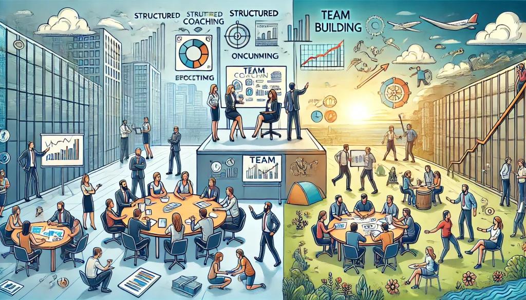 Illustration comparing team coaching in an office to team building outdoors, highlighting structured coaching vs interactive activities.