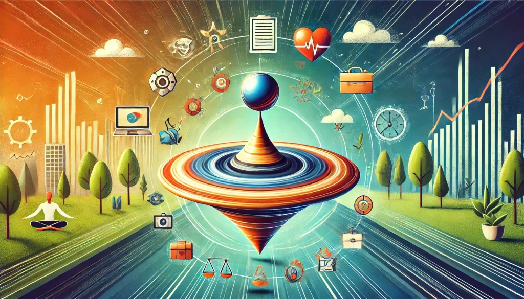 Illustrated balance with rotating top, surrounded by symbols of work, health, nature, and technology, symbolizing life balance.