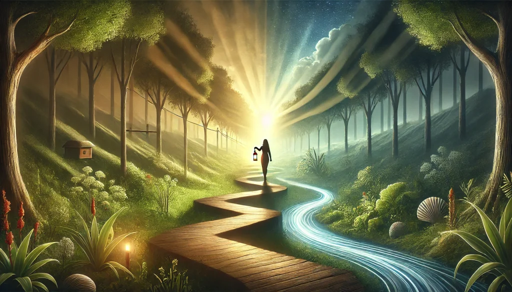 Person with a lantern walks on a path through a forest, symbolising a journey of self-discovery through life coaching.