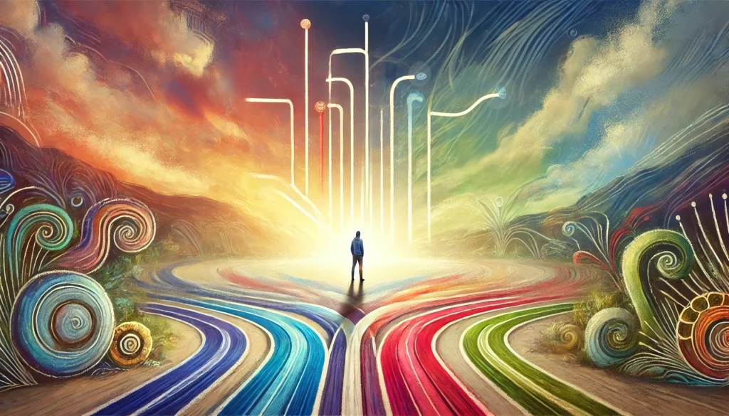 Person stands at the start of colorful pathways leading to illuminated diagram, symbolizing enneagram coaching and self-awareness journey.