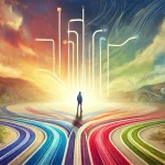 Person stands at the start of colorful pathways leading to illuminated diagram, symbolizing enneagram coaching and self-awareness journey.