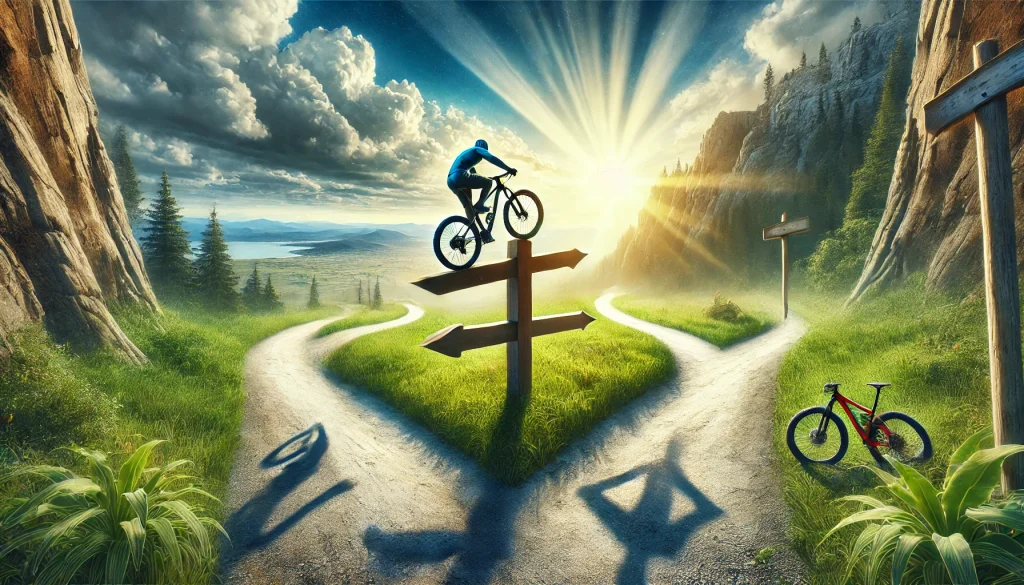 Cyclist balancing on signpost at crossroads, symbolizing choices and boosting confidence, with sunrise enhancing self-esteem.