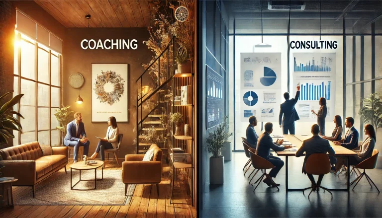 A split image showing coaching on the left with two people in a cozy room, and consulting on the right with a team in a modern office.