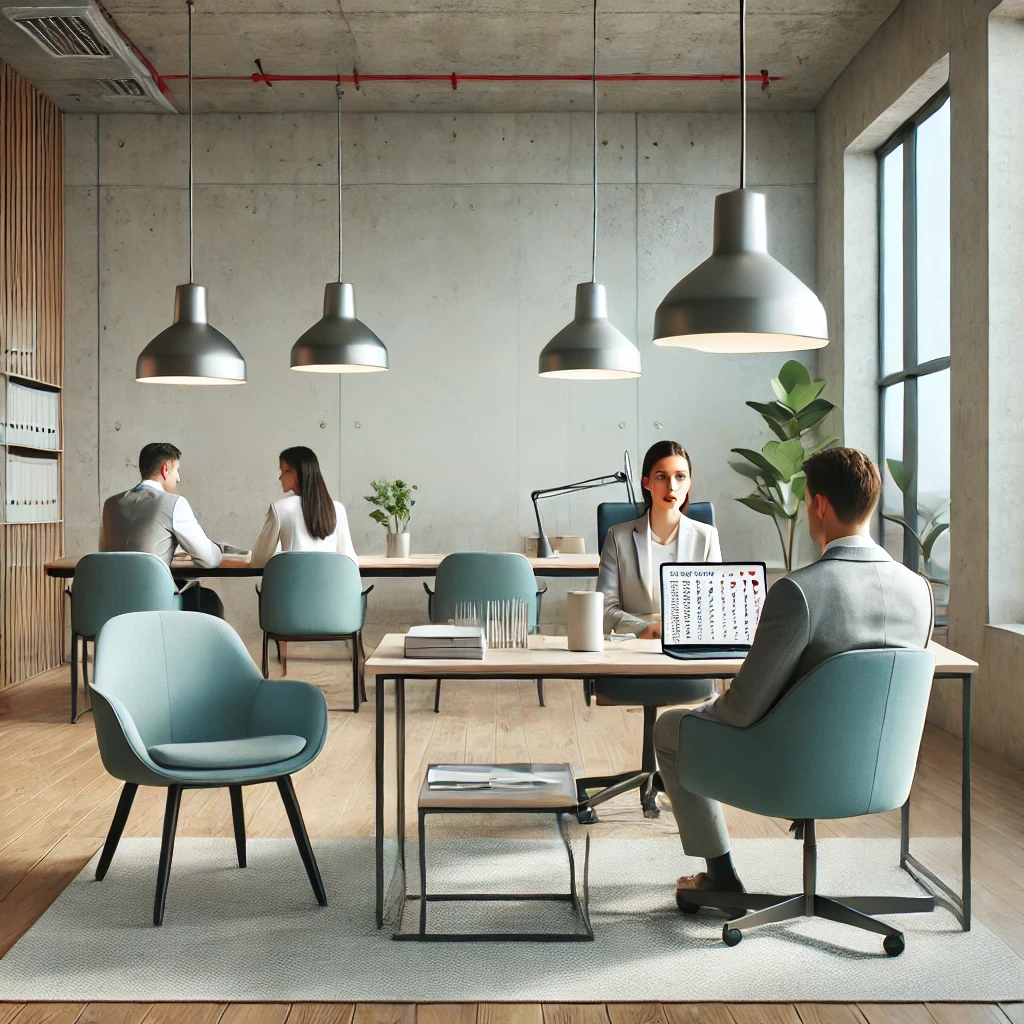 Professionals consult a psychometric assessment practice at a modern office and work on evaluations with charts and discussions.