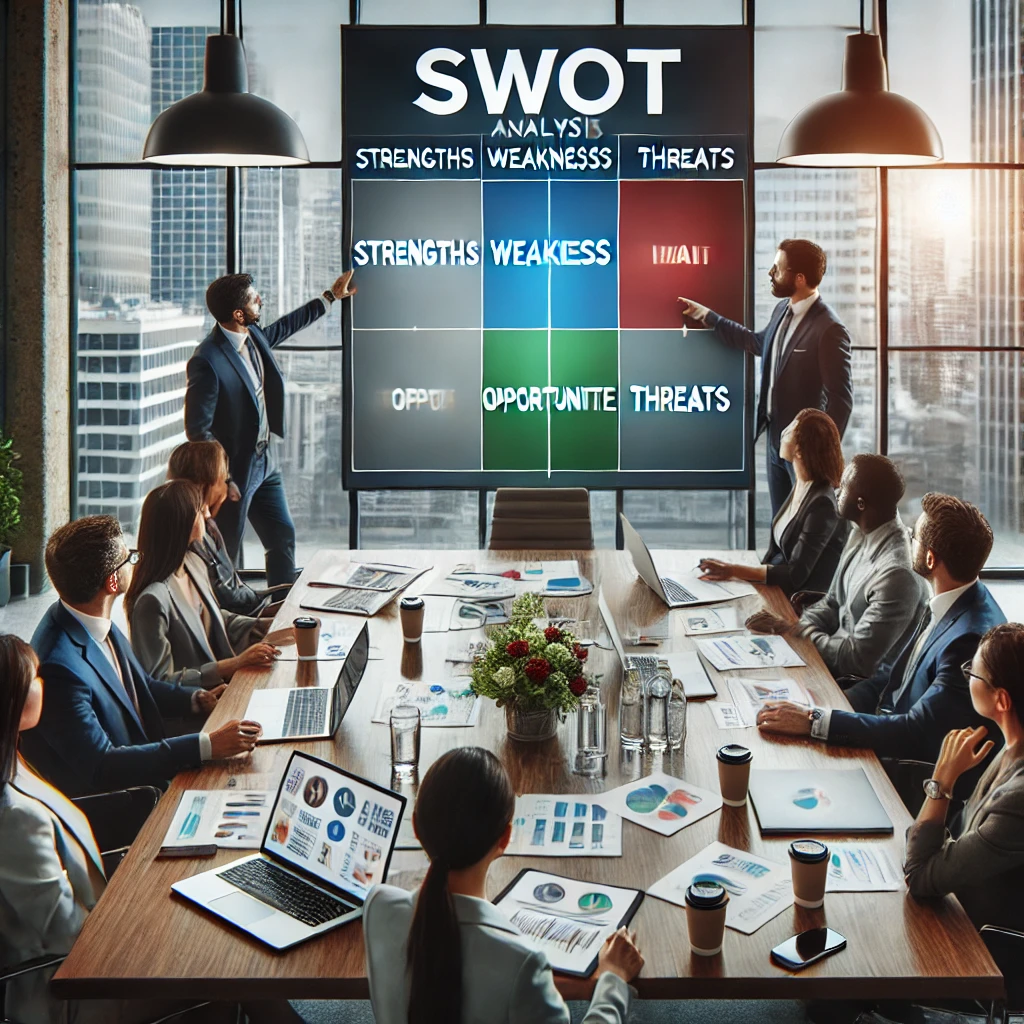Business team analyzing strengths, weaknesses, opportunities, and threats using a SWOT analysis template on a large screen.