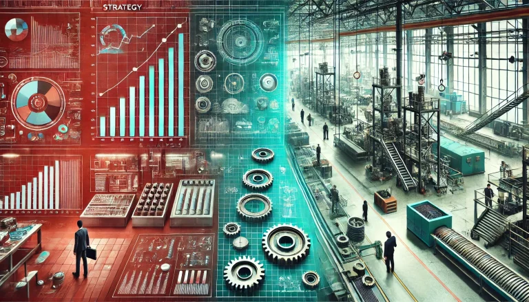 Digital interface showing strategy implementation and change management graphics, overlaid on a modern factory floor.