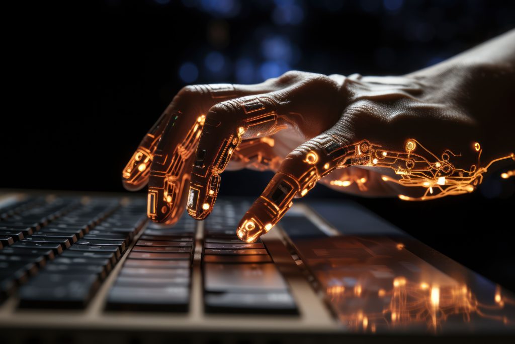 Robotic hand typing on a keyboard with glowing circuits, symbolizing technology consulting and innovation.