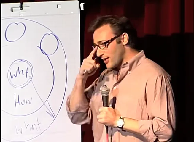 A speaker discusses leadership development and coaching with a diagram showing purpose on a flipchart.