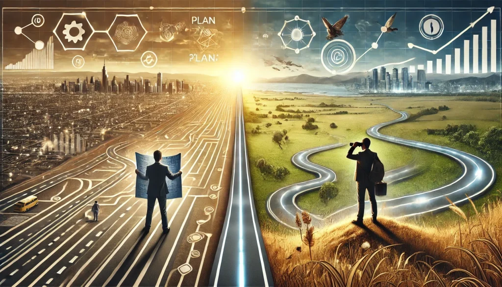 Two paths diverge; one planned and structured, the other organic and strategic, symbolizing "A plan is not a strategy.