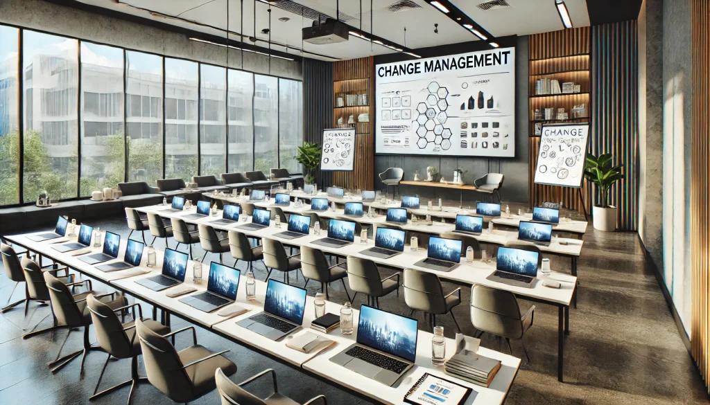 Modern conference room set up for change management training programs, featuring laptops and presentation screens.