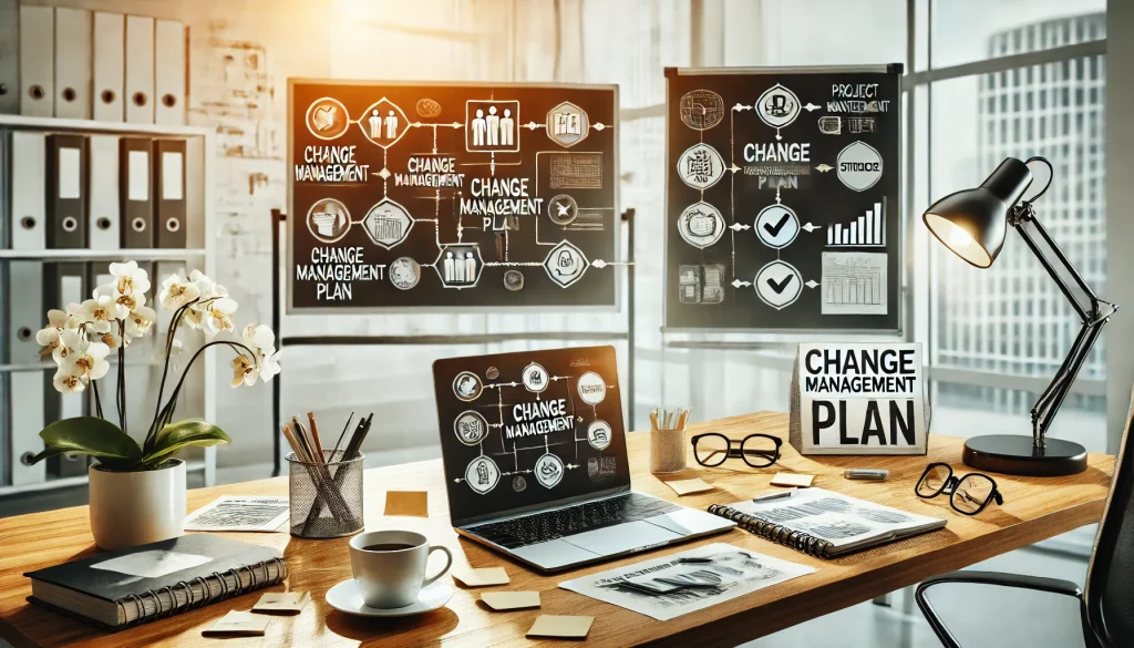 Office desk with change management plan visuals on laptop and boards, highlighting effective change strategies.