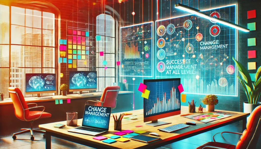 Modern office setup with monitors displaying graphs and text on change management consulting services, colorful sticky notes.