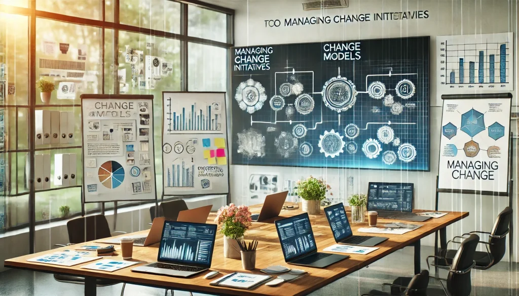 Office setup with charts and laptops displaying change management models, emphasizing managing change initiatives.