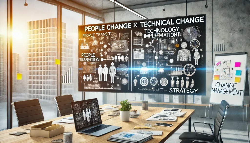Conference room with a blackboard showing "People Change x Technical Change" and a whiteboard labeled "Change Management.