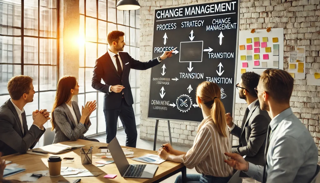 A business meeting discusses change management strategies on a blackboard, focusing on process, strategy, and transition.