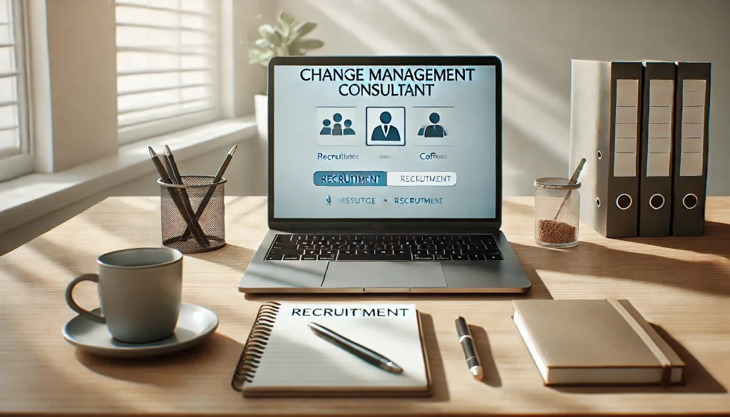 Office desk with a laptop showing "Change Management Consultant," a notepad labeled "Recruitment," and office supplies.