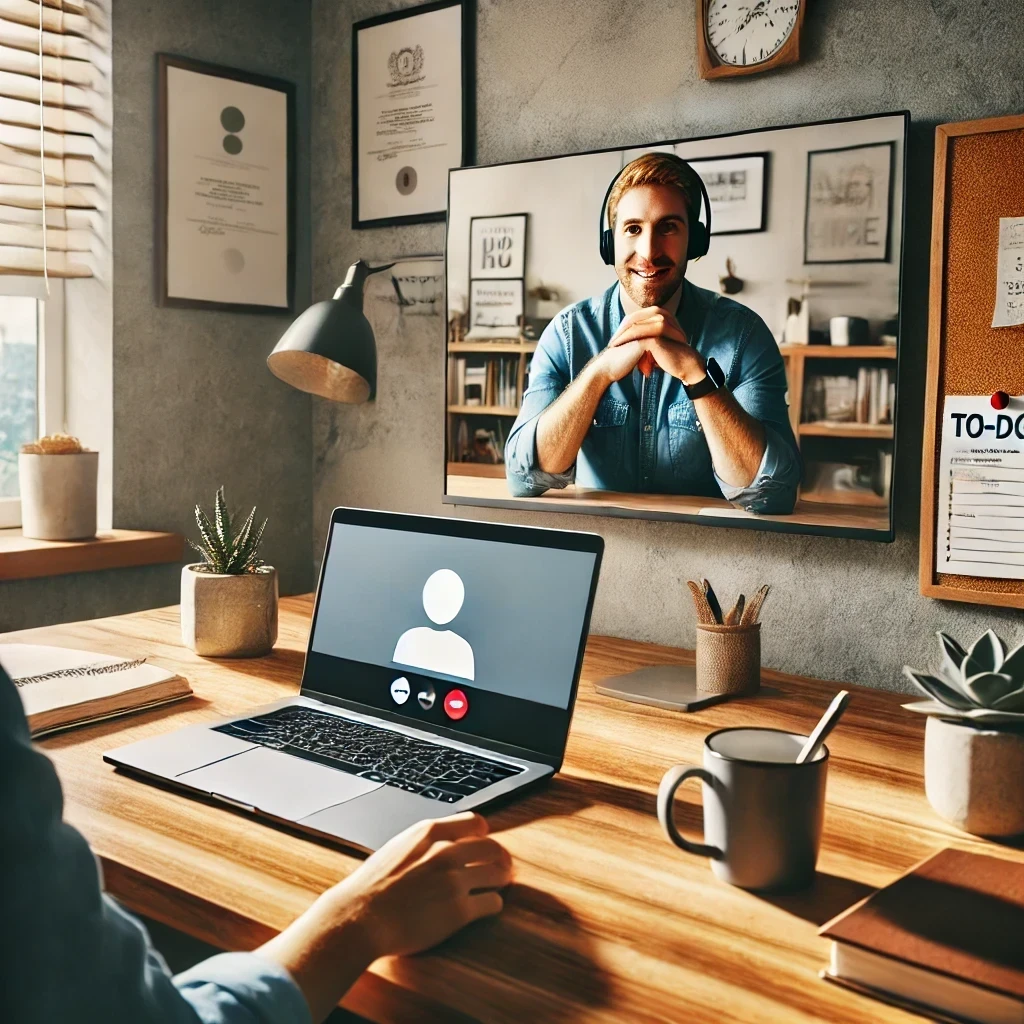 Person having a video call with their accountability partner, while sitting at a desk with a laptop and office supplies.