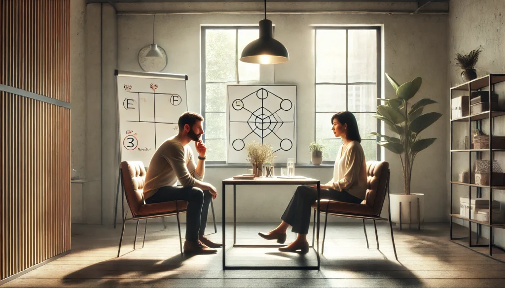 A man and woman in a modern office engage in an executive coaching session, with diagrams and plants in the background.
