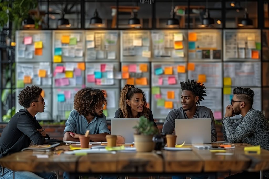 Diverse team collaborates at laptops in modern office focused on Enneagram team coaching, surrounded by colorful notes.