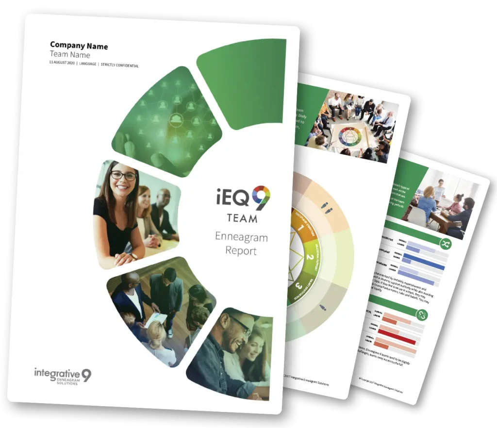 IEQ9 Team Report showing cover page and two inner pages with charts, diagrams, and a group of people in discussion.