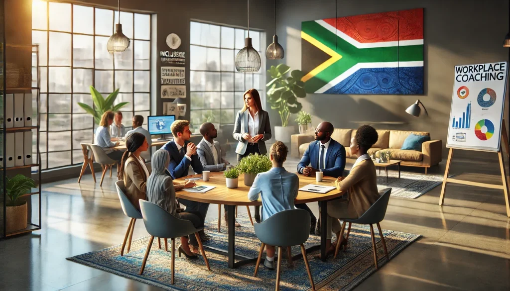 Group engaged in workplace coaching services, seated at a round table in a modern office with a South African flag on the wall.