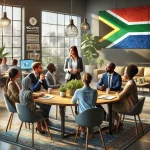 Group engaged in workplace coaching services, seated at a round table in a modern office with a South African flag on the wall.
