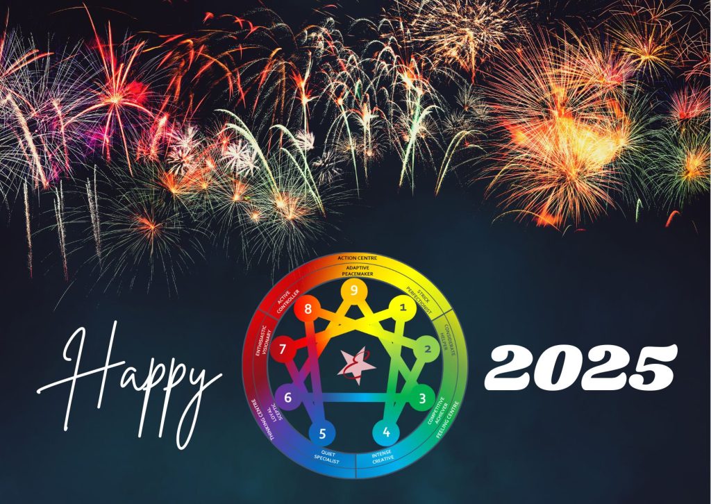 Fireworks celebrating New Year 2025 with an enneagram chart, suggesting new year's resolutions.