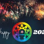 Fireworks celebrating New Year 2025 with an enneagram chart, suggesting new year's resolutions.