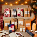 Wrapped gifts with various patterns and labels, surrounded by cozy holiday decor. Gift ideas for every Enneagram type.