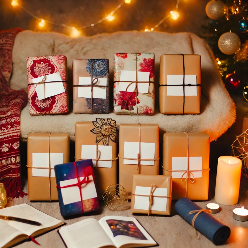 Wrapped gifts with various patterns and labels, surrounded by cozy holiday decor. Gift ideas for every Enneagram type.