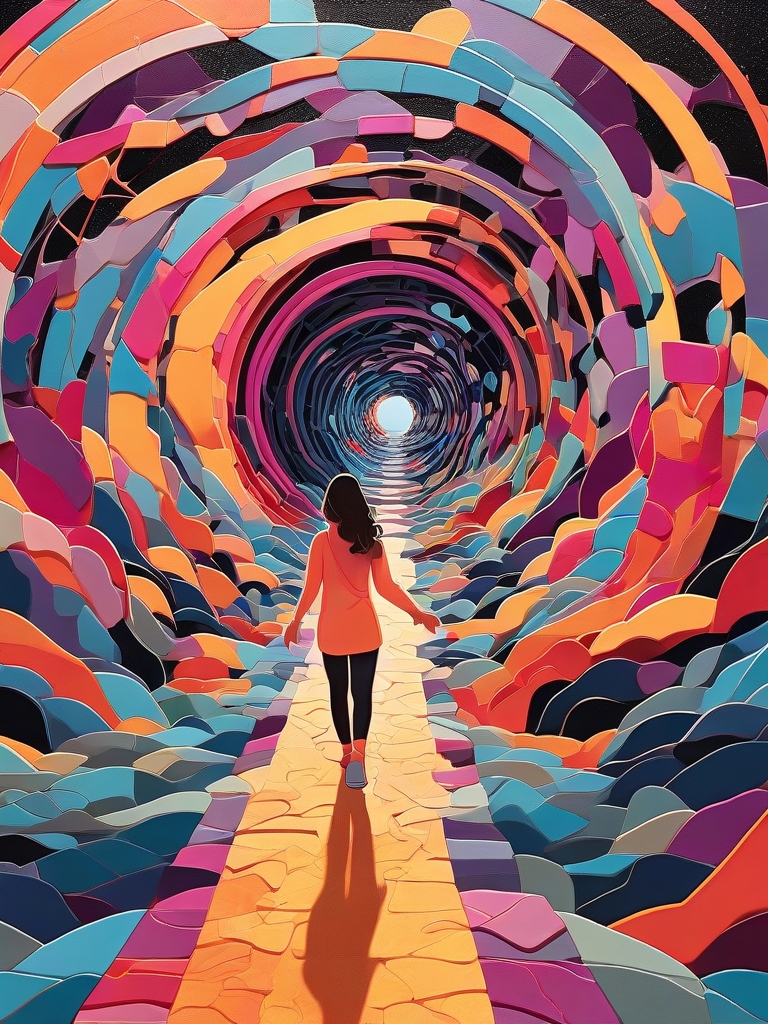 A woman walks through a vibrant, abstract tunnel, symbolising routines and habits leading to personal transformation.