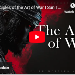 Artistic depiction of a warrior in profile with text: "The Art of War, 21 Principles - Sun Tzu.