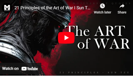 Artistic depiction of a warrior in profile with text: "The Art of War, 21 Principles - Sun Tzu.