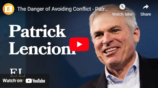 Video thumbnail of a smiling man in a suit with text "Patrick Lencioni." Embracing conflict is key to unlocking team potential.