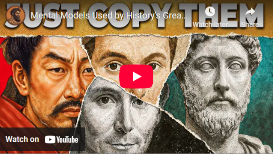 Collage of historical figures with the text "Just Copy Them," promoting a video on mental models.